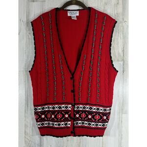 Vintage Napa Valley Petites Cardigan Vest Embroidered Wool Blend Red Large READ